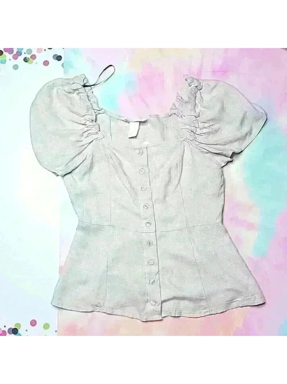 Linen Mix Puffer Sleeve Top - Picture 3 of 6